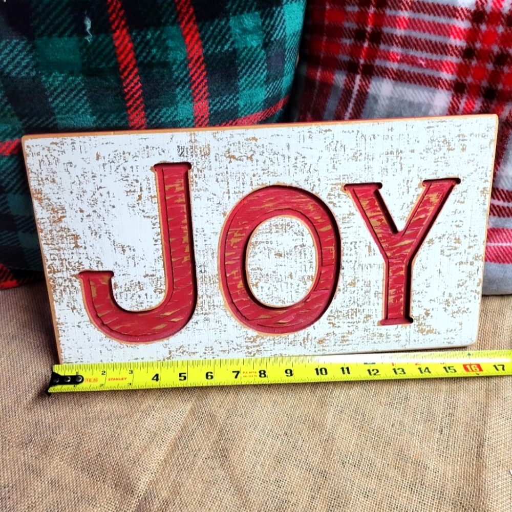 Primitives by Kathy wooden sign says JOY 16 ×9"×1 solid wood-red/white